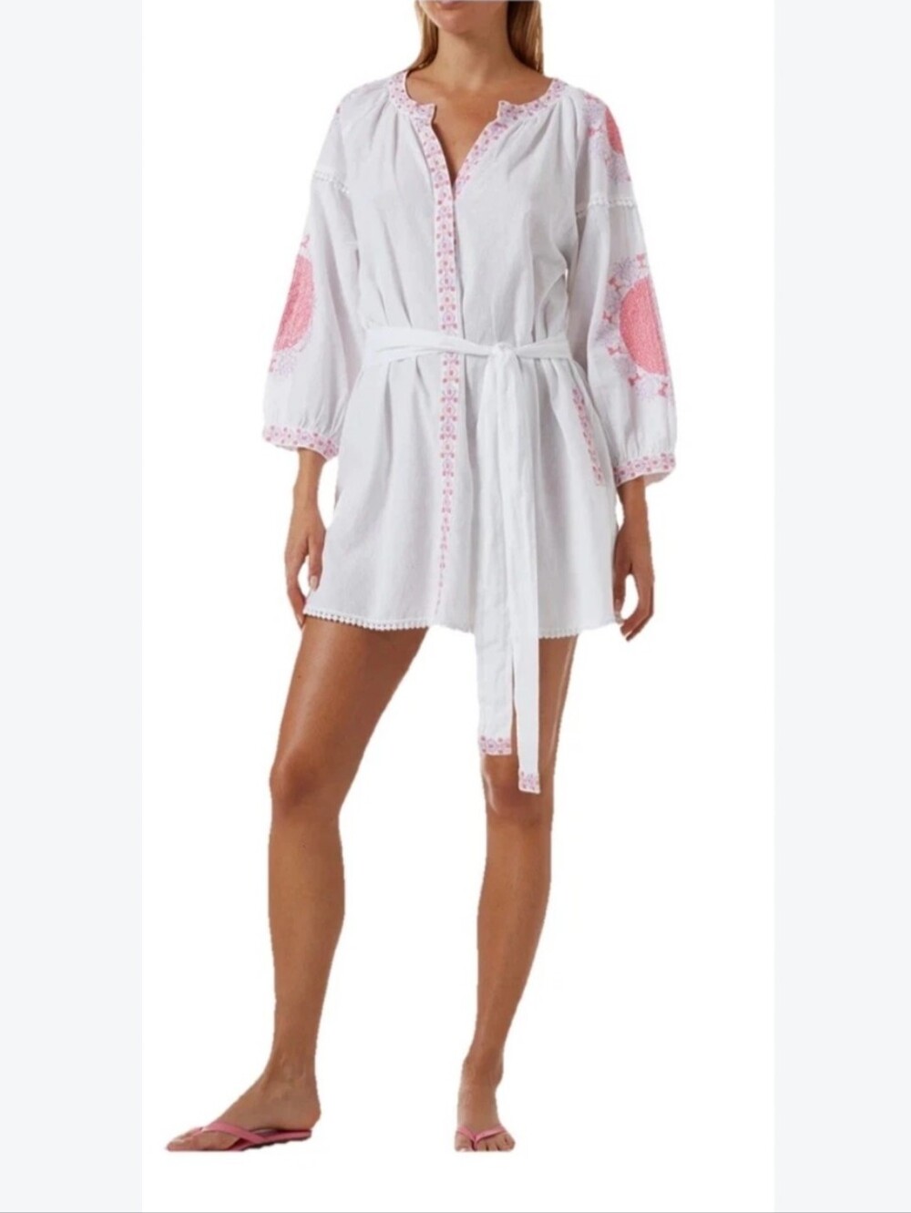 Melissa Odobash Alaya Kaftan White Cover-Up Belted Dress with Pink Embroidery